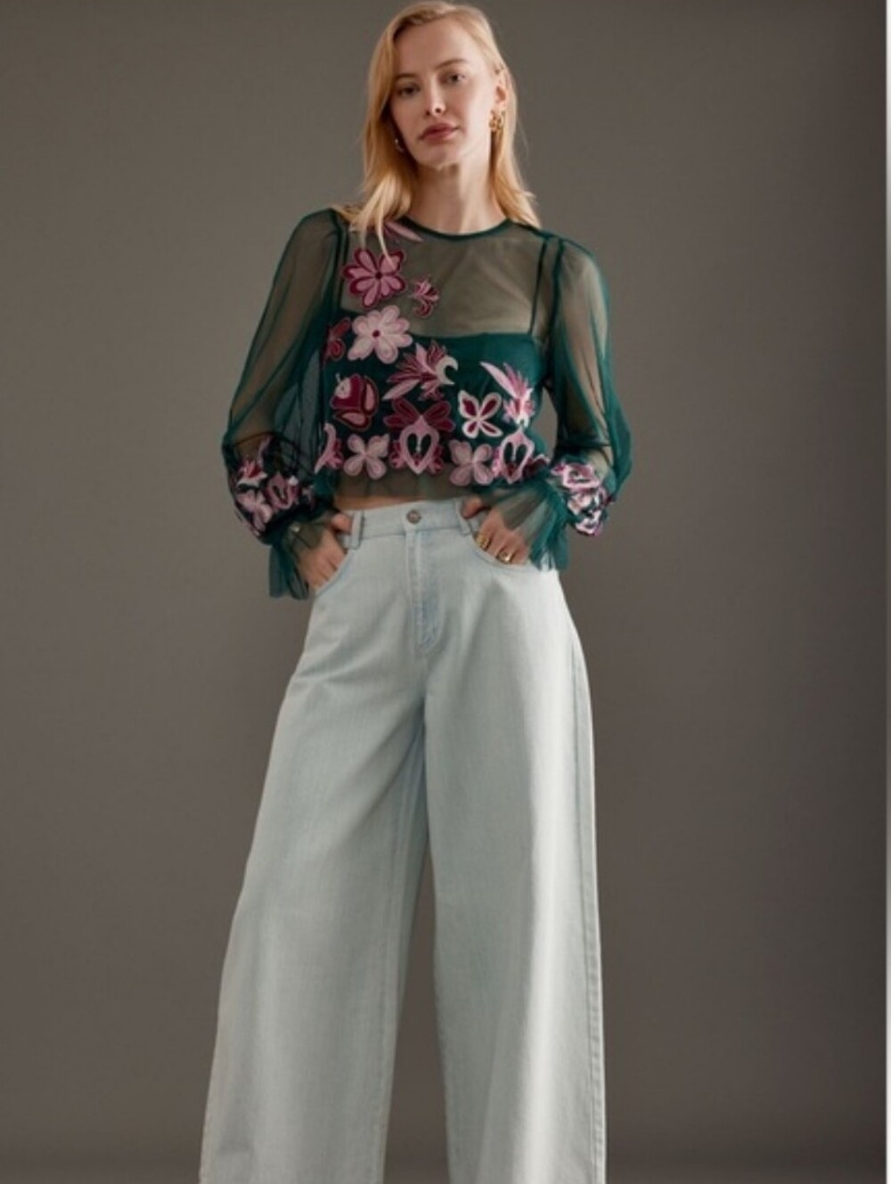 BY ANTHROPOLOGIE LONG-SLEEVE EMBROIDERED SHEER MESH GREEN PINK TOP SMALL NWT - Picture 3 of 14